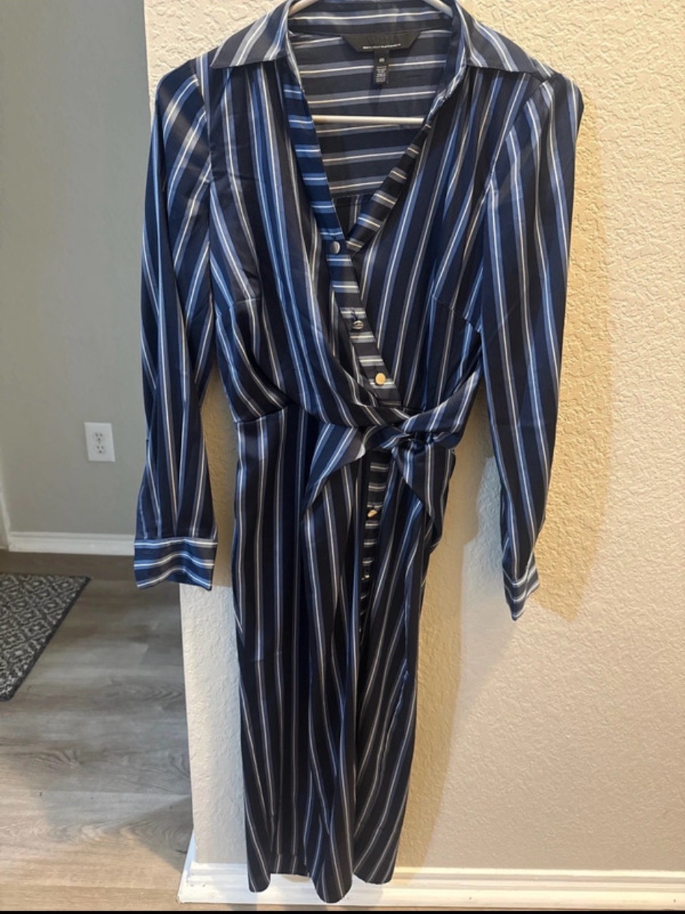 White House Black Market Navy and White Striped Midi Shirt Dress with Tie